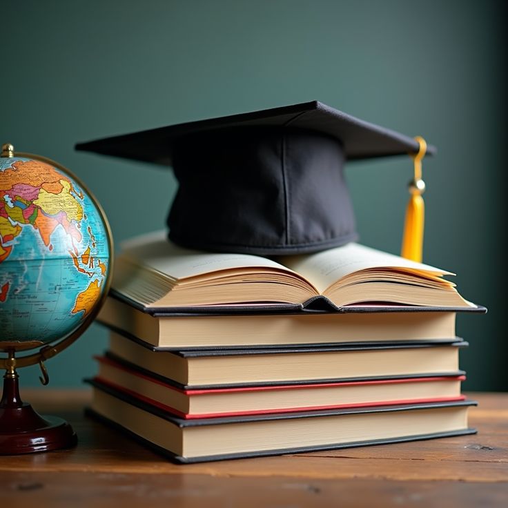 Graduation cap on books with globe